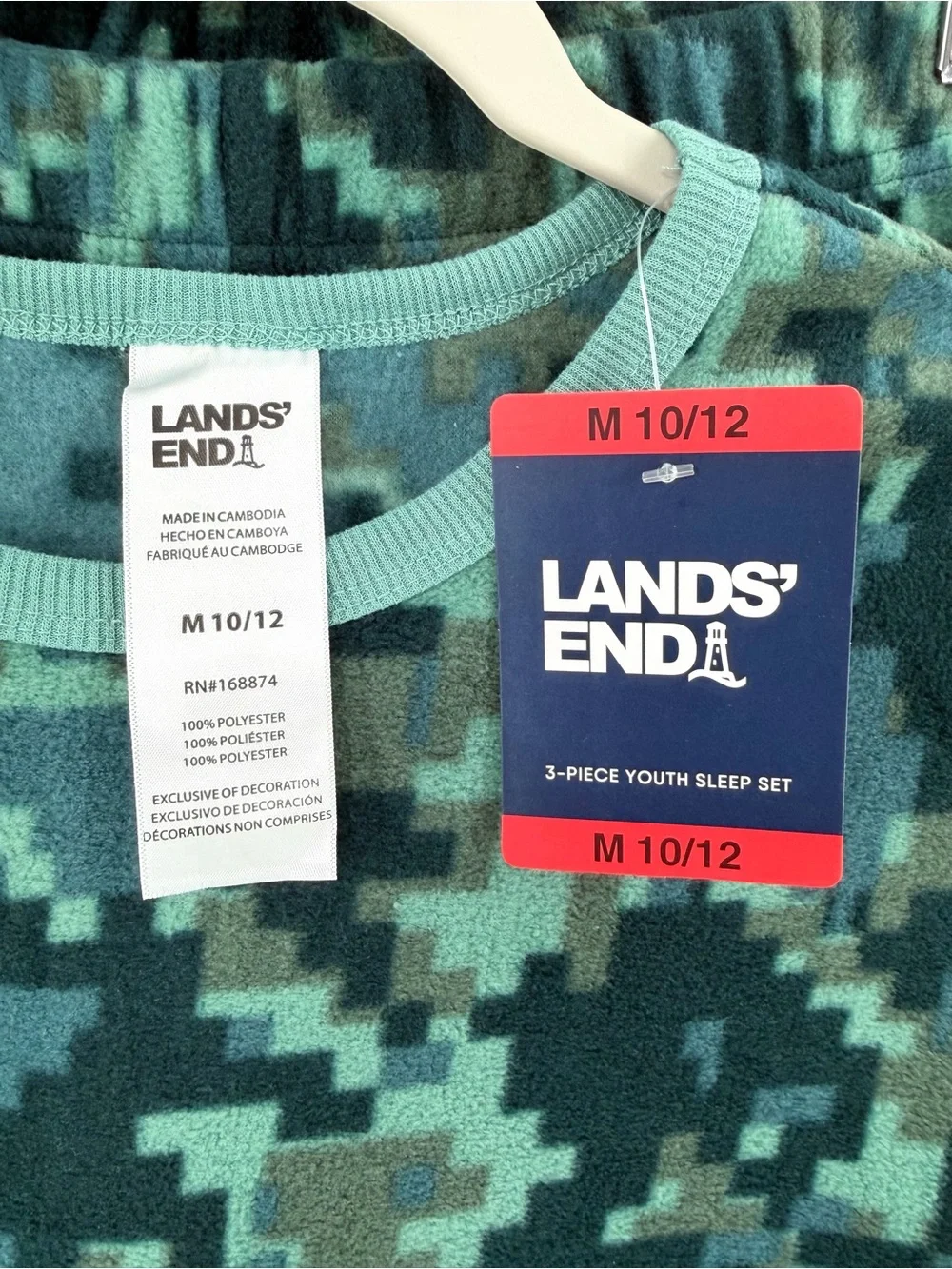 Lands’ End Green Pixelated Camouflage Fleece Pajamas Size M 10/12